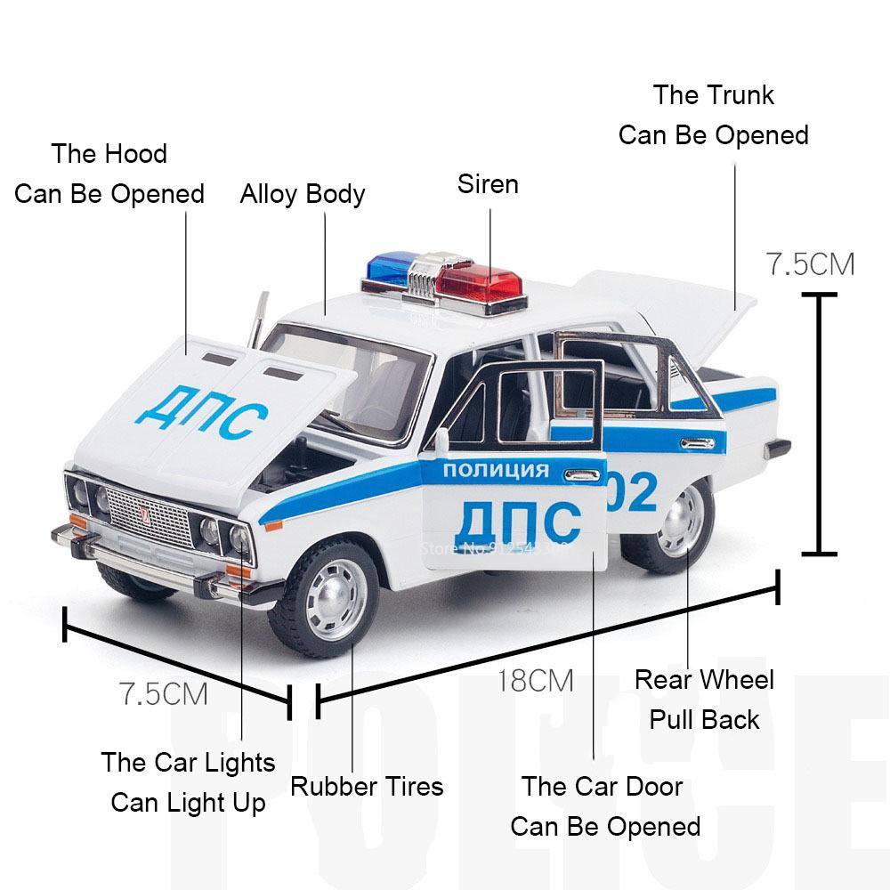 1/24 Lada 2106 Police Alloy Car Model Metal Diecast Toys with Pull Back Sound and Light Simulation Vehicles for Children Gifts