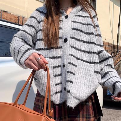 Fashion New Striped Casual Hooded Sweater Jacket for Women Autumn Winter Loose Knitted Cardigan Coat Women Elegant Soft Warm Knitwear Cardigans 24790