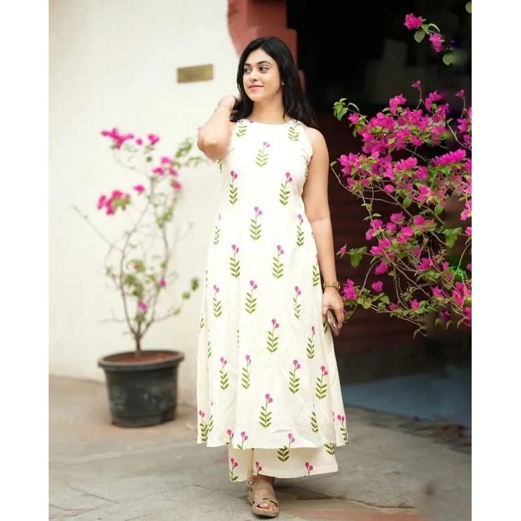 Floral Printed Sleeveless Top Kurti Palazzo Set Indian Women's Kurta Cord Set