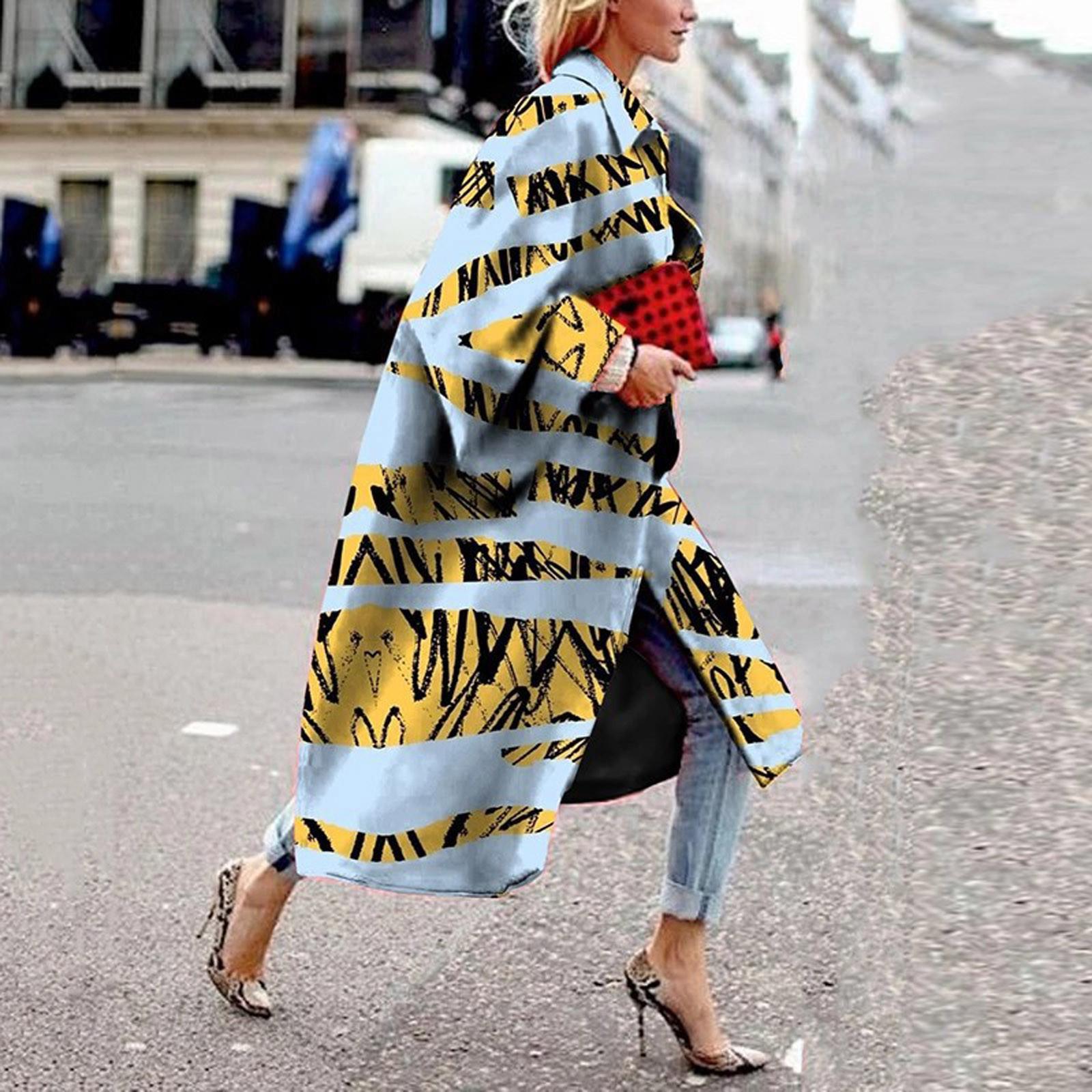 

Модная женская карманная куртка с принтом, верхняя одежда, кардиган, пальто, длинный плащ XXL светло-синий