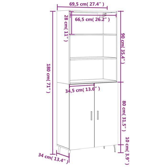 VidaXL Buffet haut Gris béton 69,5x34x180 cm Bois d'ingénierie 3189273