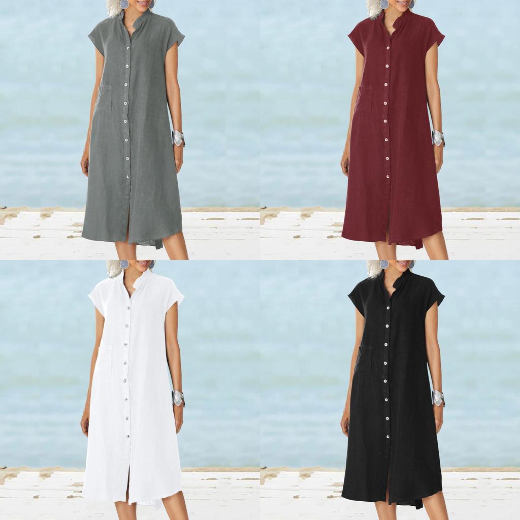 Cotton Linen Long Dress With Pocket And Stand Collar For Casual Travel