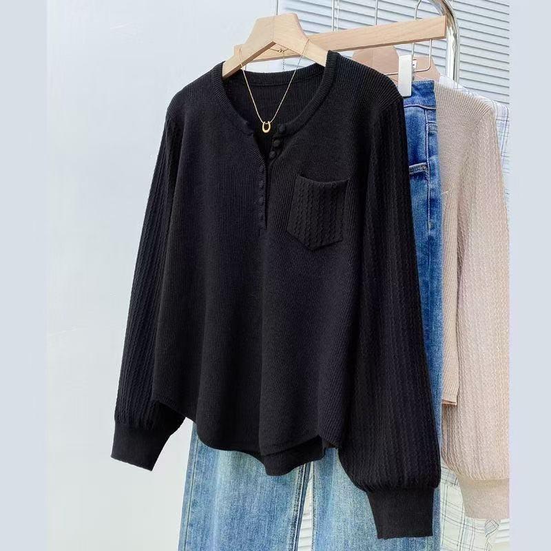 

Простой и повседневный свободный однотонный трикотажный свитер с круглым вырезом и длинными рукавами, женский осенний новый универсальный топ для работы, трендовый 2XL/125-135 чёрный