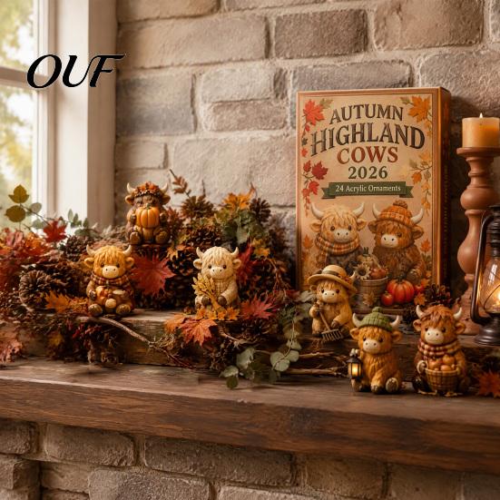 Zestaw Ozdób na Święto Dziękczynienia Boże Narodzenie Krowa Szkocka Kalendarz Adwentowy, 24 Urocze 3D Kolekcjonerskie Mini Figurki Kalendarza Odliczania Jesiennych Żniw, Wiejski