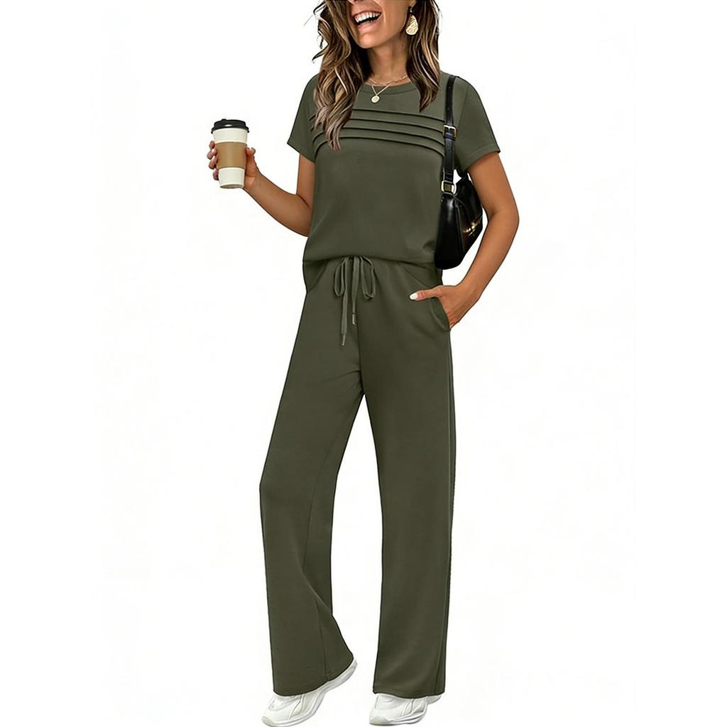 2026 New Spring-Summer Women's Casual Set: Short Sleeve Top & Wide Leg Long Pants
