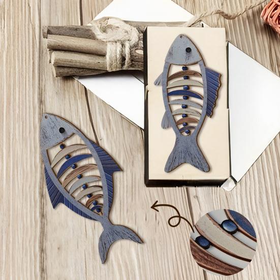 Mediterranean Style Home Decor 2Pcs Wooden Fish Wall Hanging, Hollow Skeleton Rustic Fishbone Hanging Decor, Vintage Nautical Ornament for Kitchen