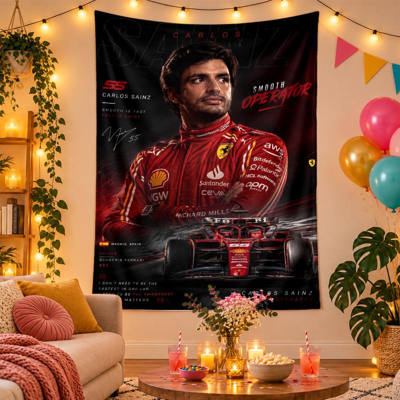 Polyester Wall Tapestry with Carlos Sainz Design, Decorative Hanging for Bedroom Living Room Dorm