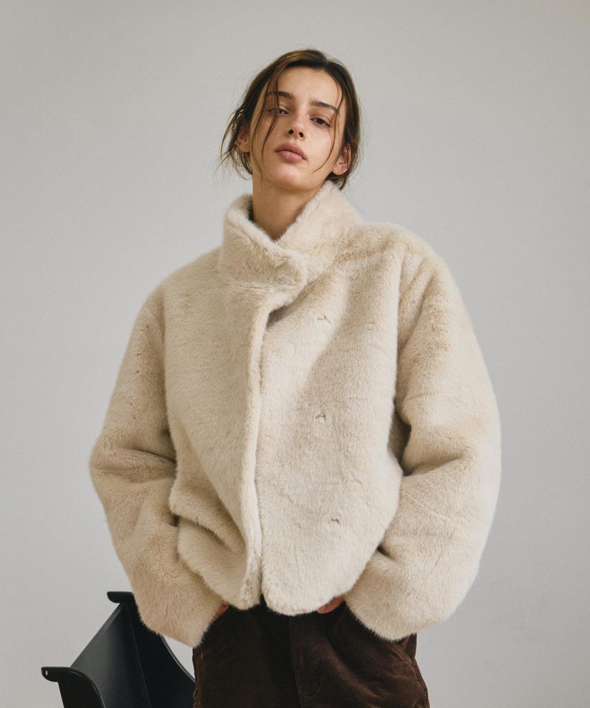 AENE Atmo Faux High-Neck Fur Jacket (Beige)