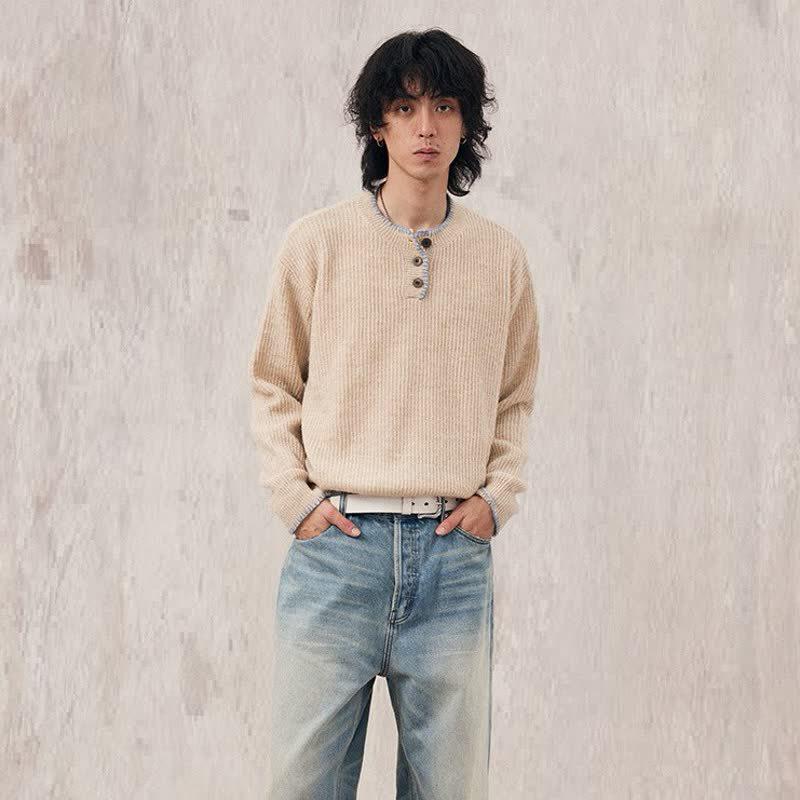 

Unisex Retro Henley Collar Apricot Sweater L абрикосовий