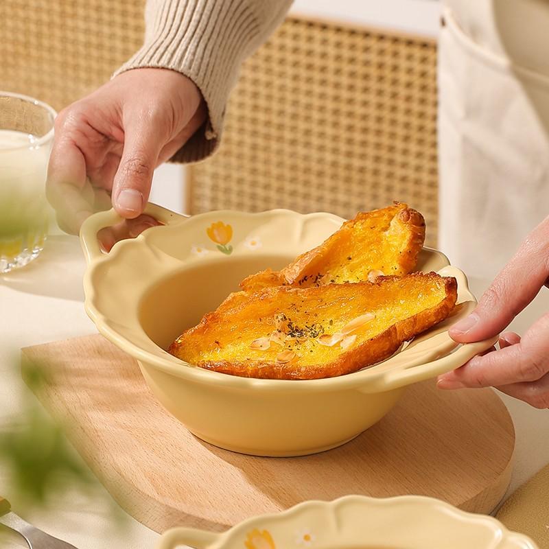Unterglasurfarbiges Milchgelb Tulpe Geschirr Blume Klein Frisch Keramikschale Salatschüssel Dessertteller Zweiohrschale