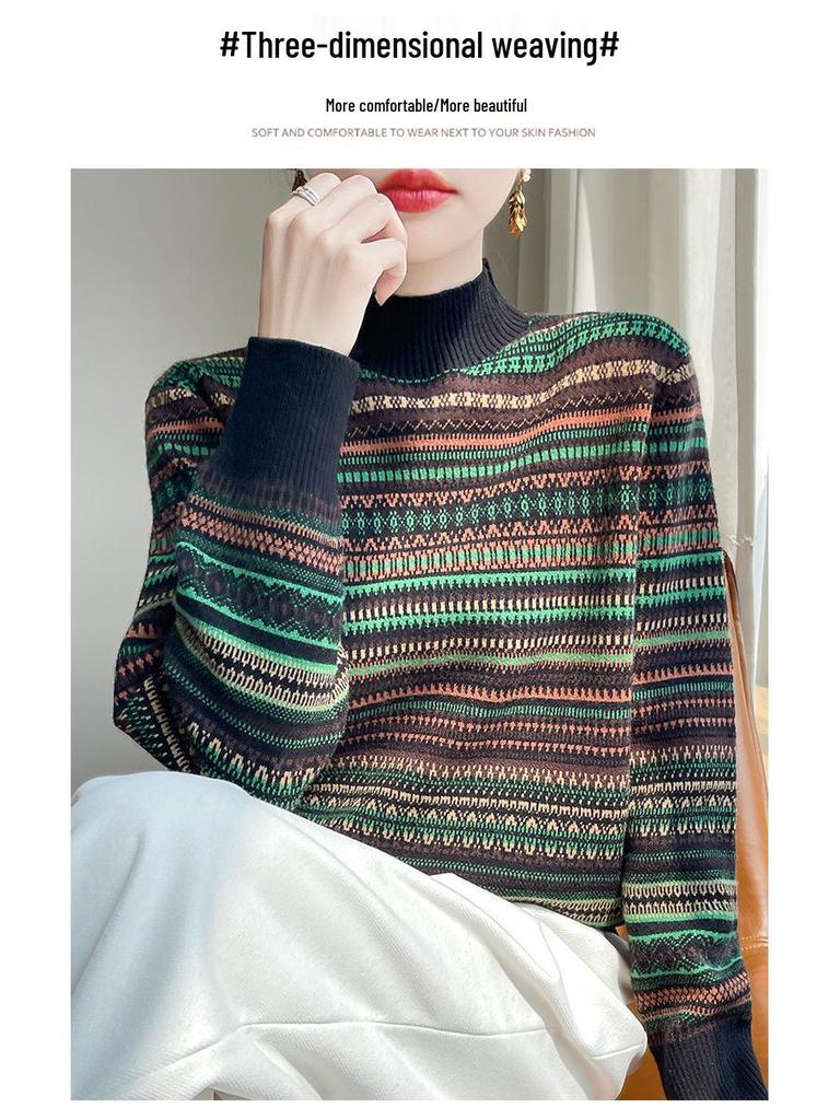 Damen Retro Gestreifter Strickpullover mit hohem Kragen - Vielseitig & Modisch für Herbst/Winter