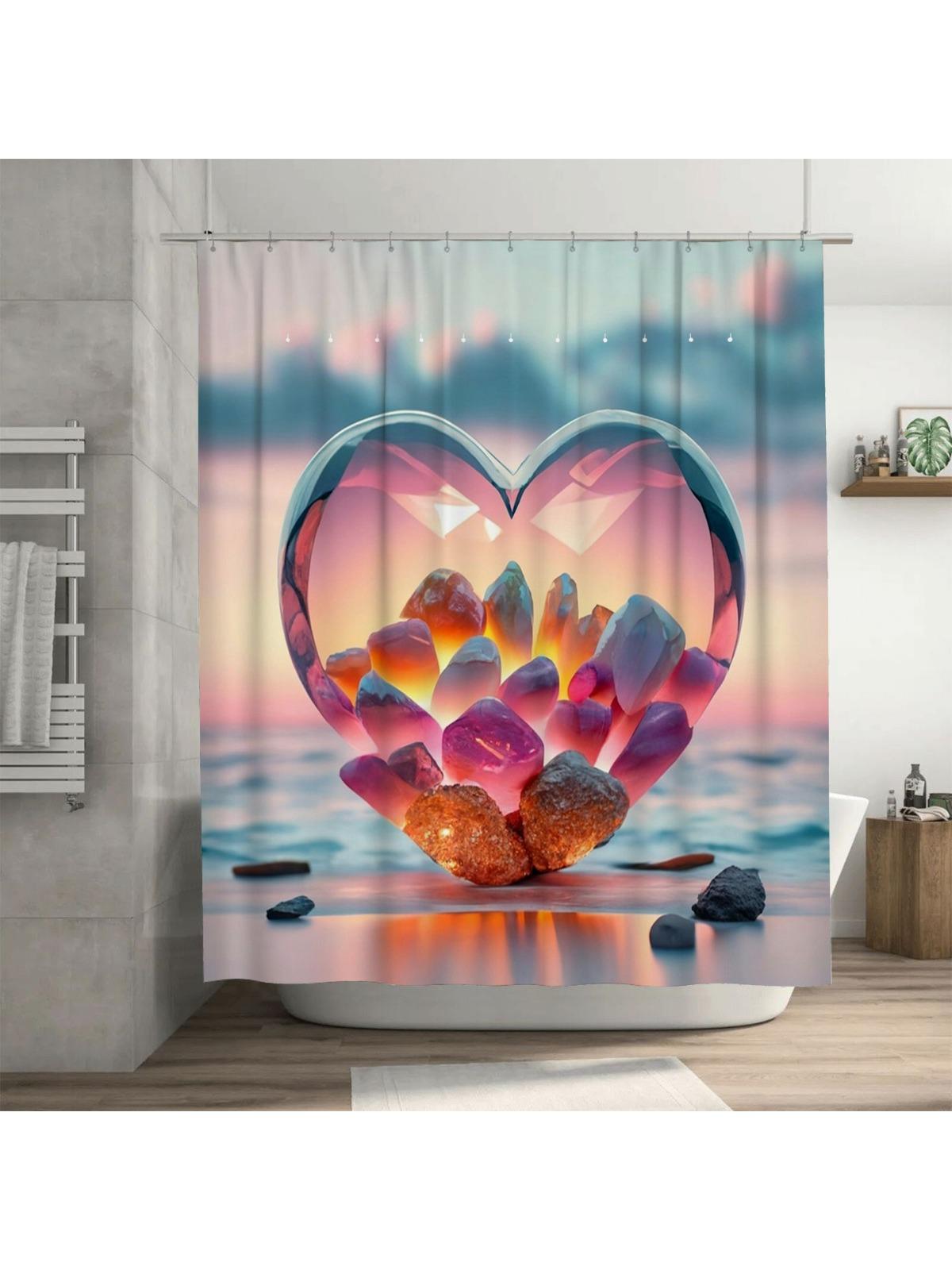3D Crystal Heart Shower Curtain | Romantic Beach Sunset Bathroom Decor 90X180cm
