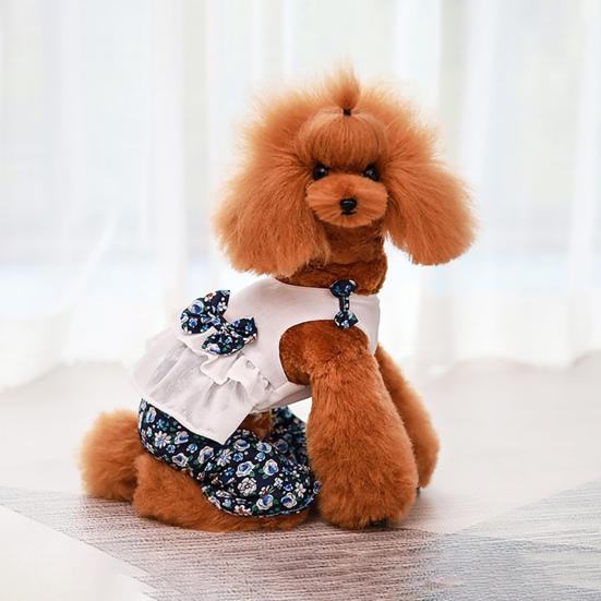 Dog Jumpsuit Round Neck Floral Printed Ruffles Hem Bowknot Romper Pet Dog Pet Supplies