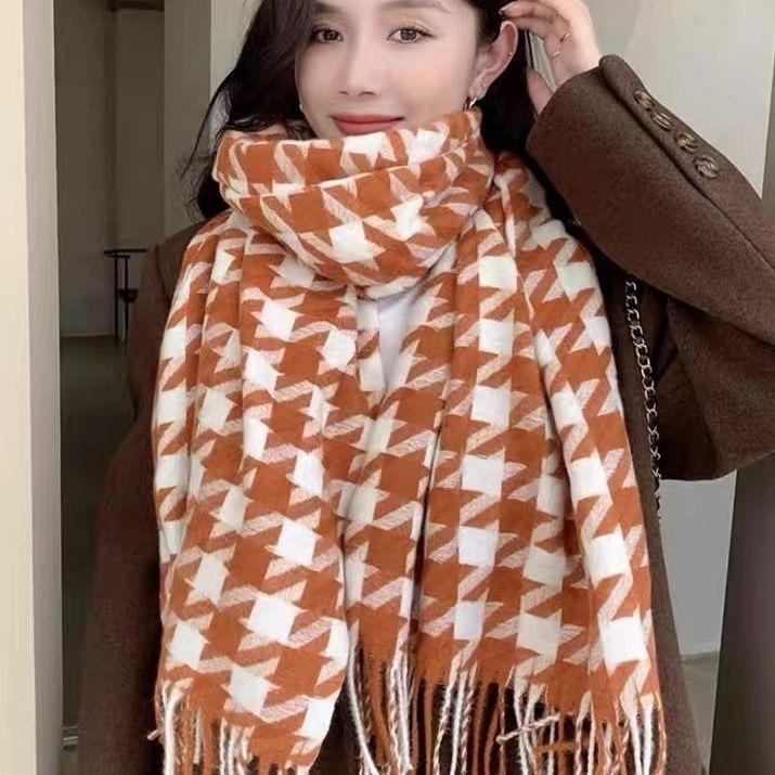 New Houndstooth Scarf for Men and Women In Winter Sweet and Cute Korean Version Versatile Student Shawl Warm Scarf