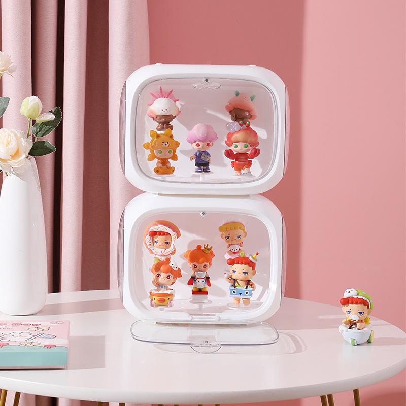 2Packs Clear Figure Display Case Storage Organizer with LED Light Dustproof Magnetic Door Figure Holders Acrylic Collectibiles Showcase