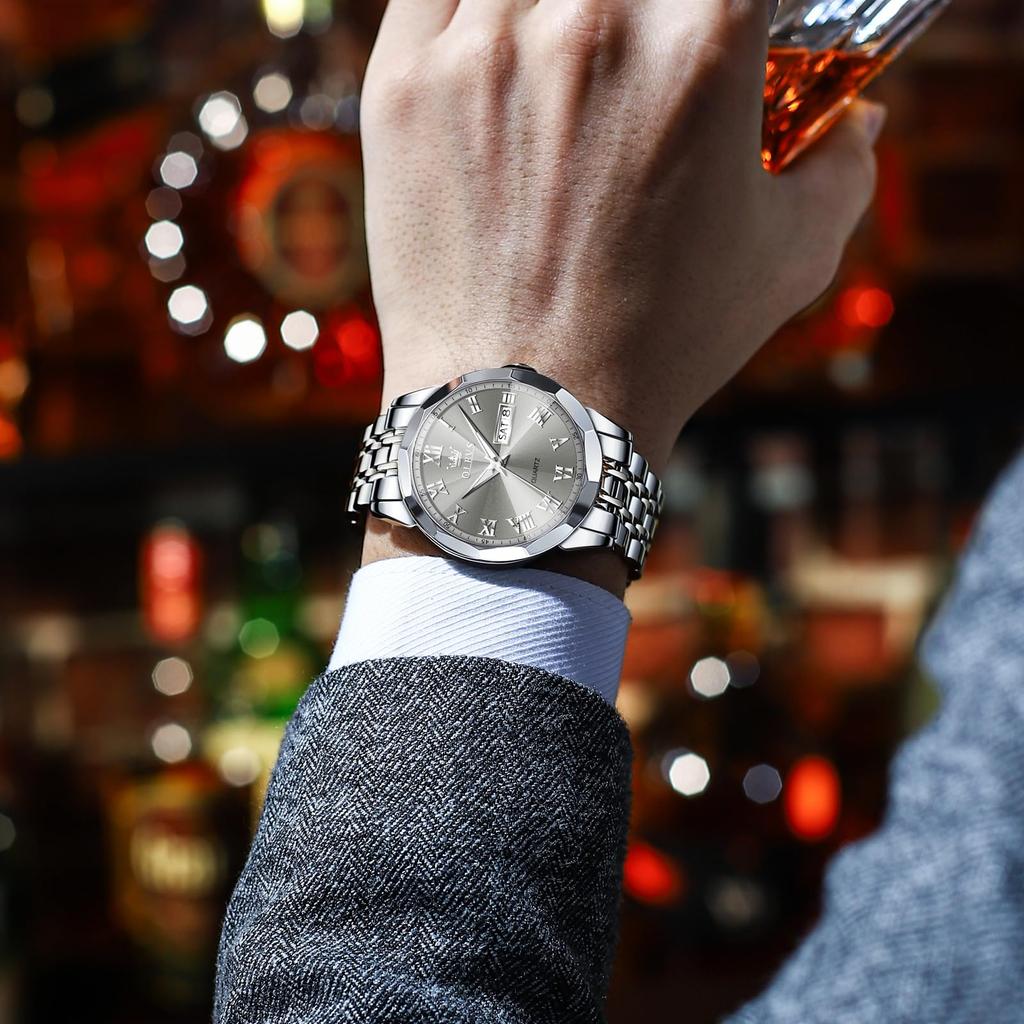 OLEVS Business Analog Silber Grau Beliebte Zeigeruhr für Edelstahl Cool Silber Herren Leicht ablesbare Zeiger Lässige Herrenuhr, Wasserdicht, Leuchtend,