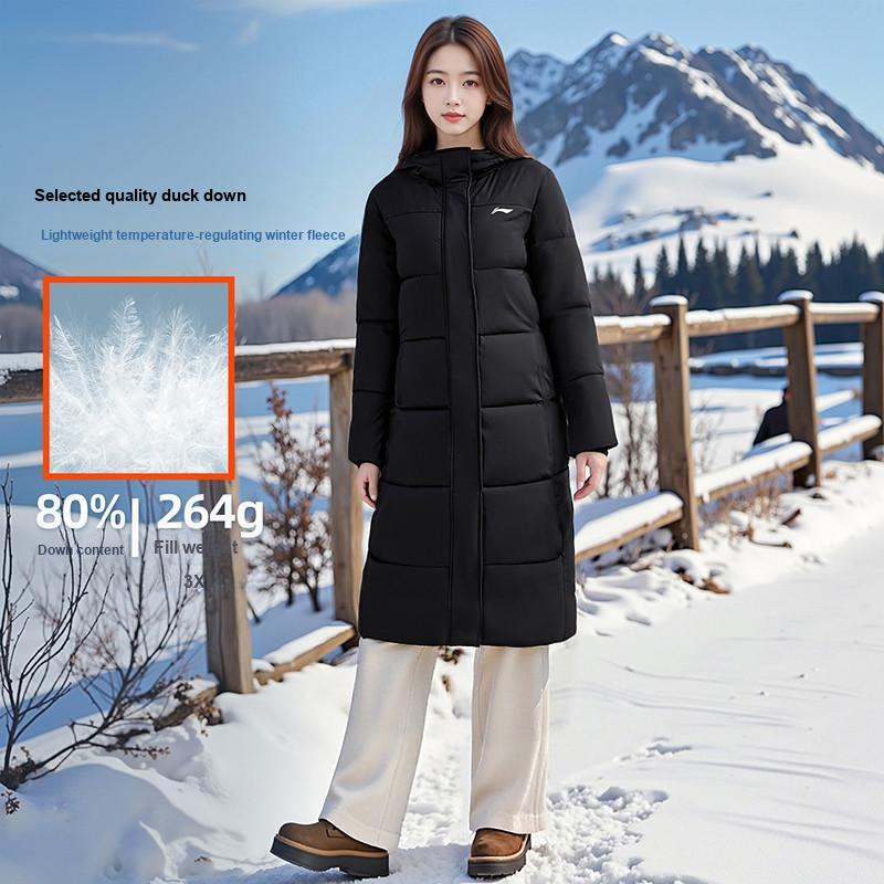 Li Ning Logo Print Windbreaker Long Loose Zipper Down Jacket Women Outerwear Black AYMU708-1