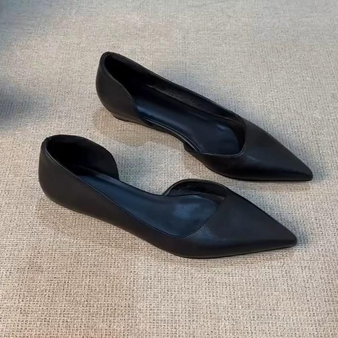 Cowhide Version~ Minimalist Style Pointed Head Shallow Mouth Side Empty Single Shoes Women's 2025 New Summer and Autumn Versatile Low-heeled Commut