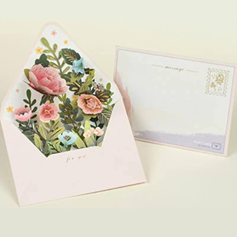 3D Pop-up Flowers Postcard with Envelope Romantic Flower Birthday Christmas Card Paper Greeting Cards Blessing Message Card