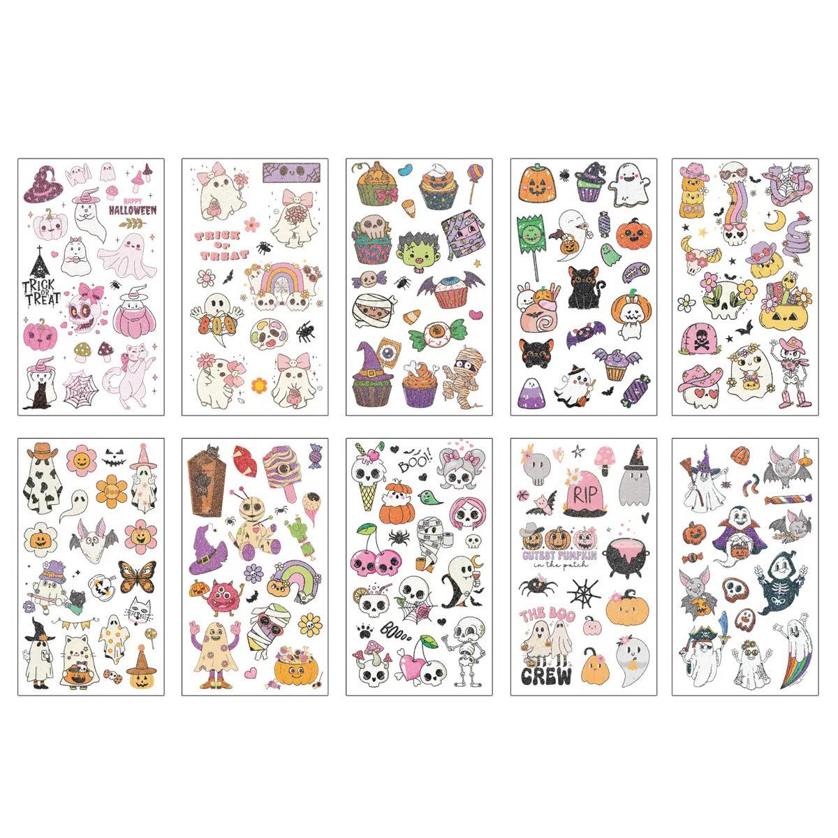 

Ink Wash Glitter Halloween Temporary Tattoos: Cartoon Elf, Bat & Pumpkin Face Stickers for Kids 6.8*12CM