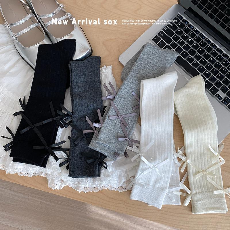 Barrel-style Bow Long Calf Socks for Girls, Lolita Pile Sweet School-style Cotton Socks for Young Girls
