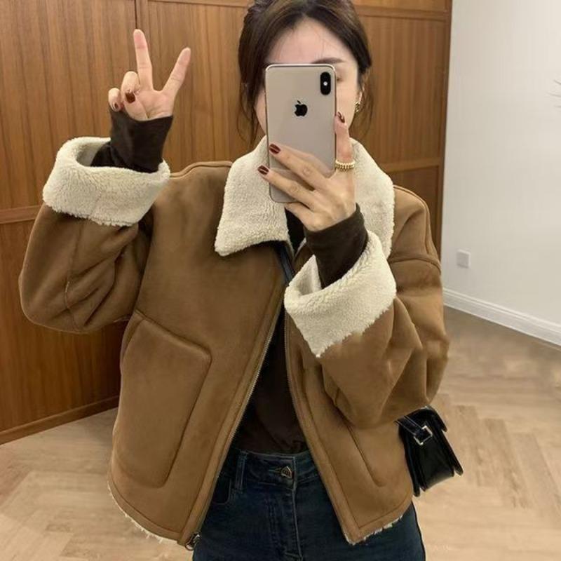 Lapel fur integrated coat women's autumn and winter new warm thickened imitation lamb wool deerskin fleece fur top