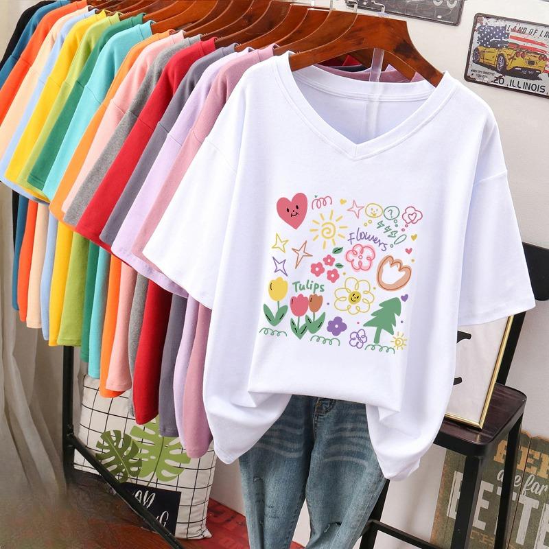 

Футболка з коротким рукавом, Вільного крою, Приталена футболка з V-подібним вирізом з принтом для жінок S білий