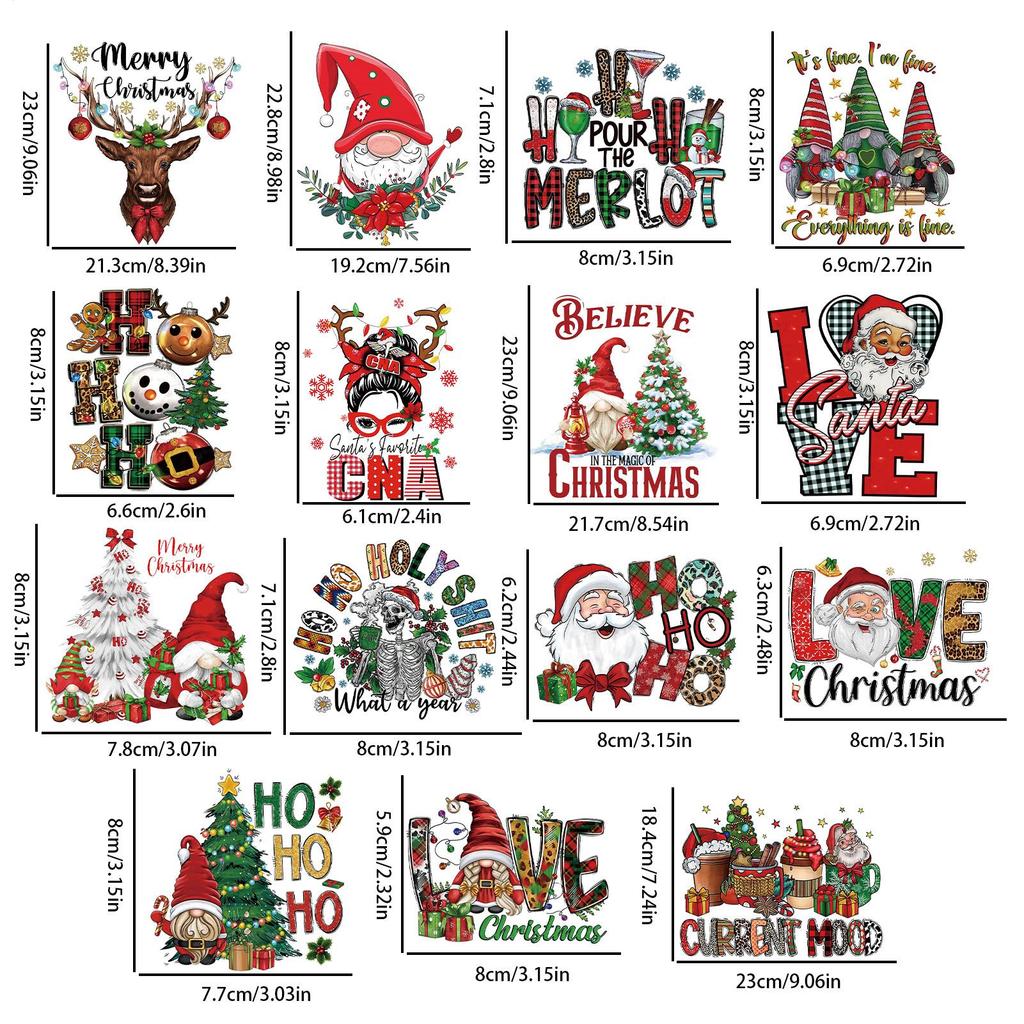 15pcs Christmas Cartoon Heat-Transfer Stickers Christmas Themed DTFTransfer Bundle PVC Vinyl Iron-On Decal Patches For T-Shirts