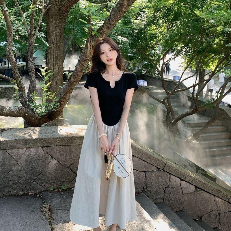 

Elegant 2026 French U-Neck Summer Dress with Waist-Cinch and Patchwork Short Sleeves L (recommended for 105-120 jin)