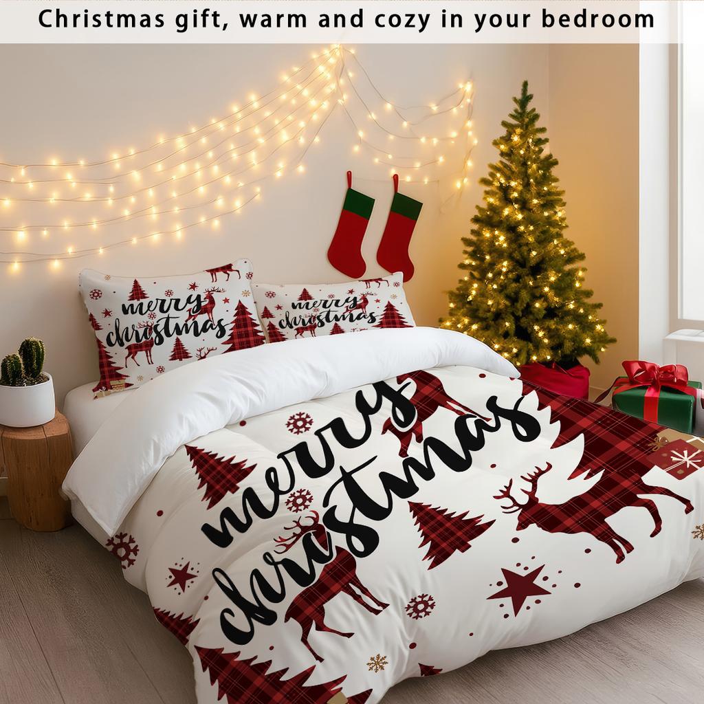 3pcs Christmas Reindeer Print Coreless Bedding Set Multiple Size Bedrooms Dormitories All Season Comfortable Machine Washable