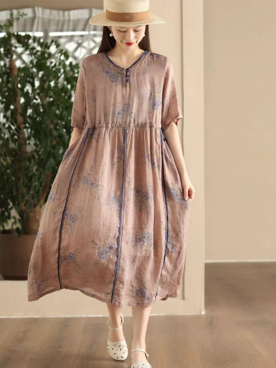 

Johnature Женское винтажное платье с цветочным принтом и V-образным вырезом, коротким рукавом, высокое качество, летнее повседневное мягкое платье А-силуэта One Size