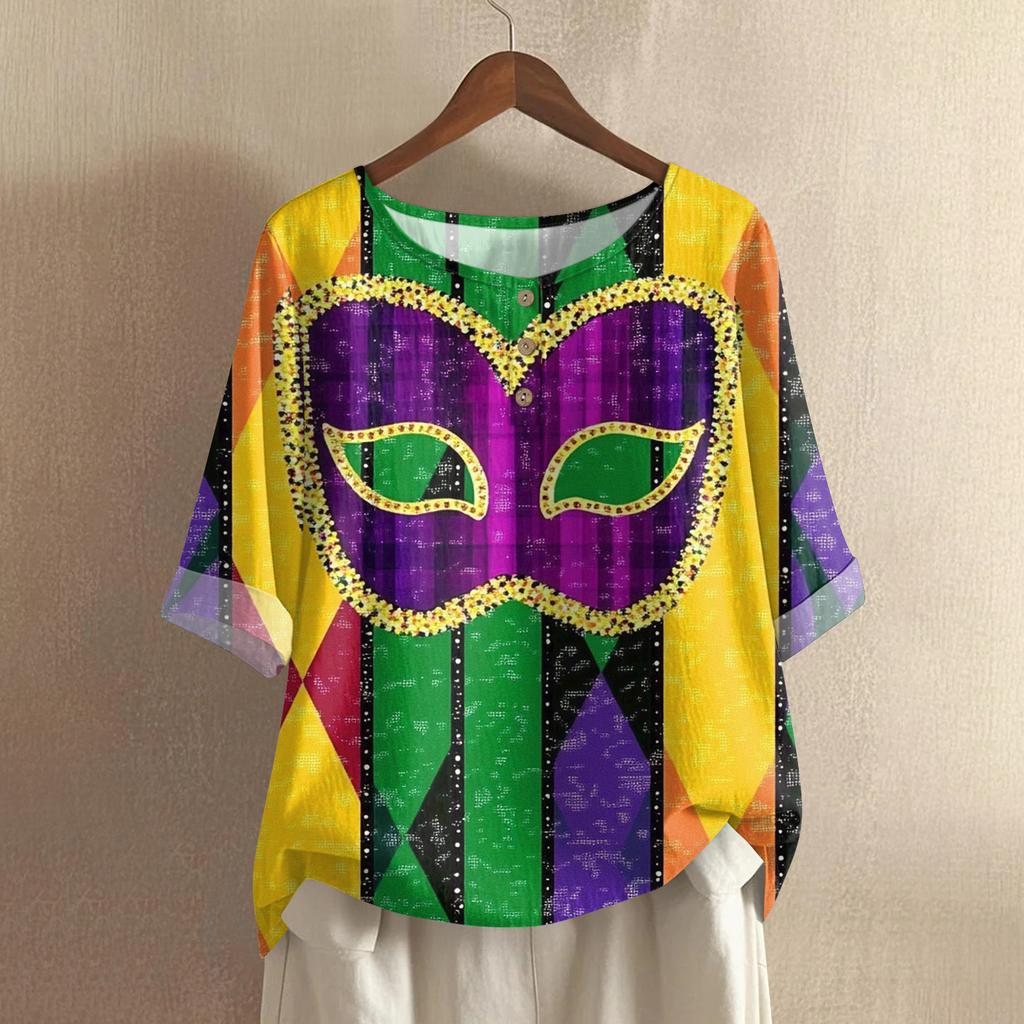 Women's Carnival Printed Casual Mid Sleeve Round Neck Cotton And Hemp Top