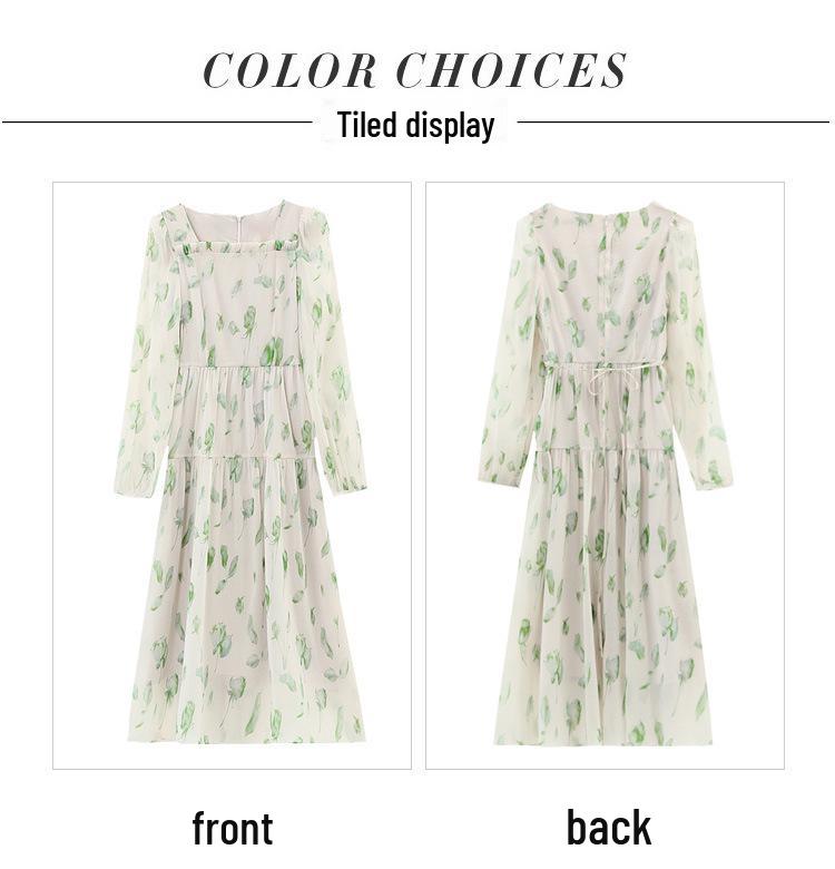 Elegant French Floral Print Puff Sleeve Dress: Spring & Autumn Waist-Cinching Long Skirt