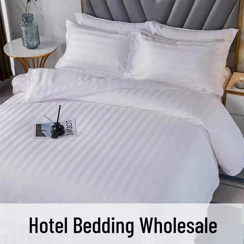White Satin Stripe Duvet Cover and Pillowcase Set for Hotel or Guesthouse Bedding