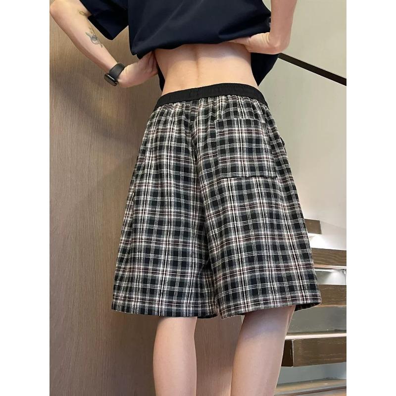 American contrasting plaid shorts men's summer relaxed plaid sports pants loose casual beach five-point pants