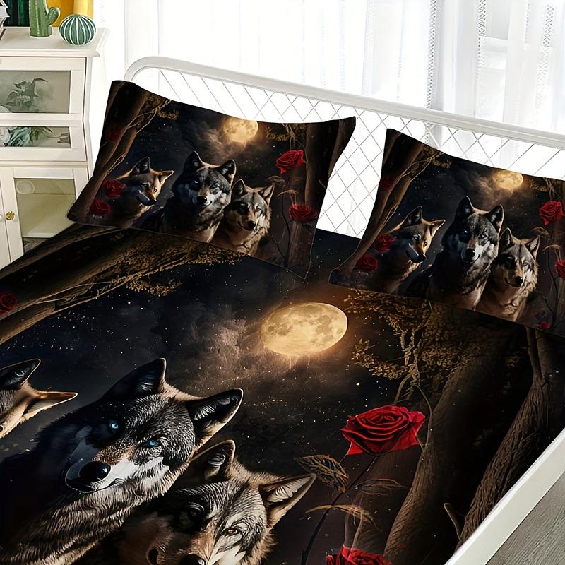 3PCS Ultra-Soft 3D Wolf Rose Bedding Set - Hypoallergenic Fitted Sheet & Pillowcases, Durable Mattress Protector, Fashionable