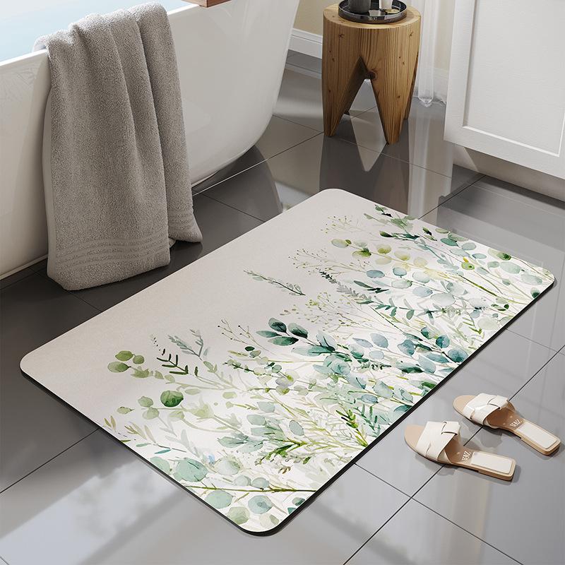 Bathroom Absorbent Floor Mat, Non Slip Floor Mat for Bathroom, Quick Drying Door Mat for Bathroom, Square, Plant Printed Carpet