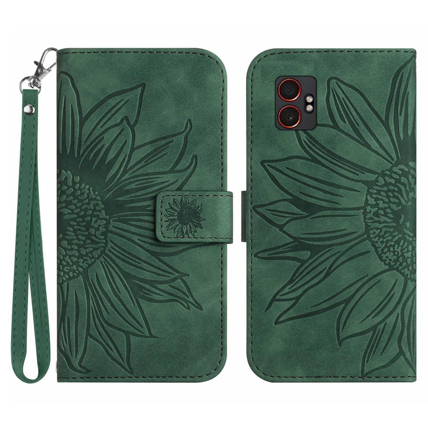 

For Samsung Galaxy XCover7 Pro Case Sunflower Imprint Leather Wallet Phone Cover with Wrist Strap Dark Green