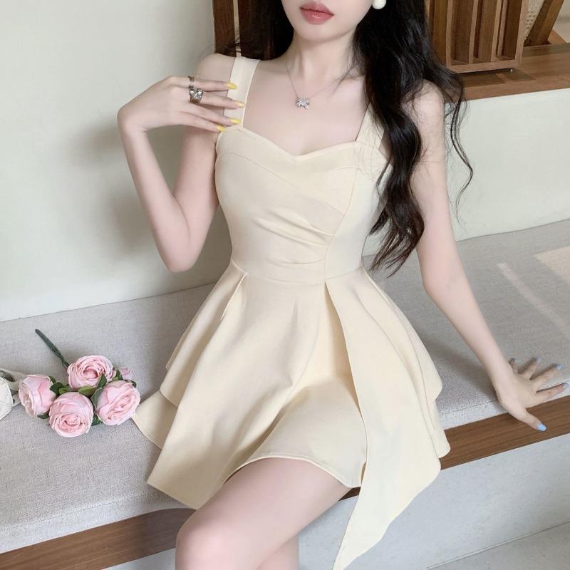 Women Sexy Backless Ruched Irregular Elegant Party Dresses Summer Strap Sleeveless High Waist Slim Sweet Club Mini Dress Vestido