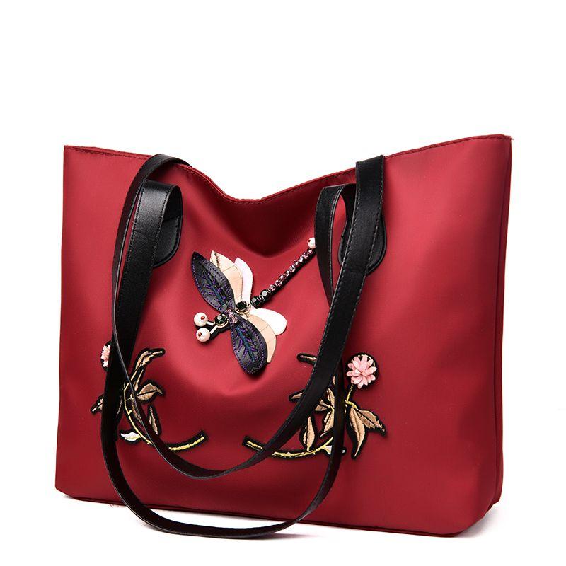 

Embroidered Handbag Versatile Shoulder Bag Nylon Waterproof Simple and Lightweight Tote Bag бордовий