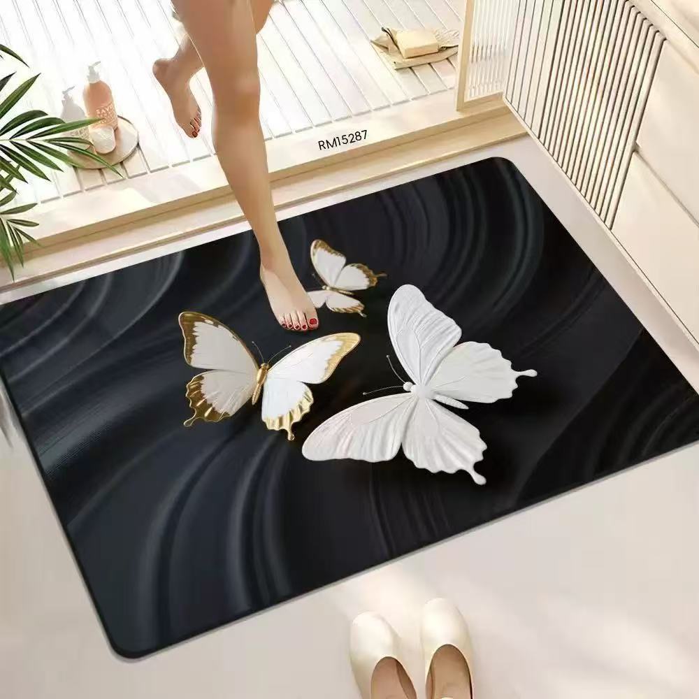 American Farmhouse Floral Doormat, 2D Wood Flower & Butterfly Non-Slip Home Entryway Rug Floor Mat Kitchen Mat Door Mat