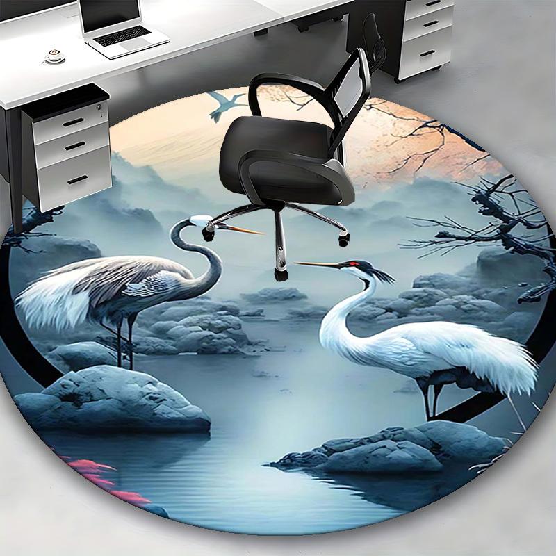 1pc Anime Crane Design Round Carpet Office Chair Mat, Non Slip Rug for Home Decor, Gift, Office, Living Room, Bedroom