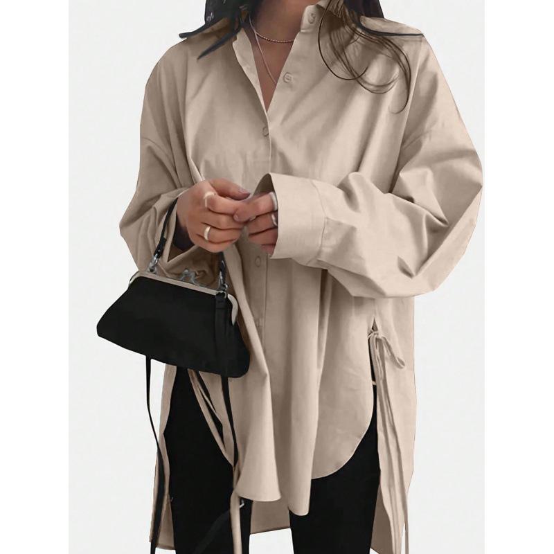 Modische Damenbluse Lässiges Hemd mit Umlegekragen und Langarm Schlitzsaum