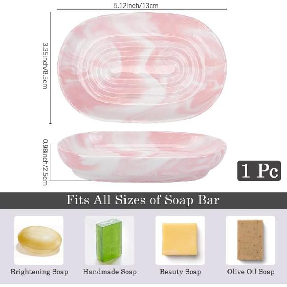 CREATCABIN Ceramics Soap Dish Soap Holder Pink Texture Handcrafted Fancy Multi-Purpose Soap Bar Holder Marble Textures Oval Soap Tray Non-Slip for