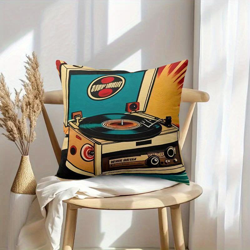 1Pc Retro Vinyl Record Player Pillow Cover, Polyester 2D Double-Sided Print Cushion Case, Vintage Turntable Pop Art Throw Pillow