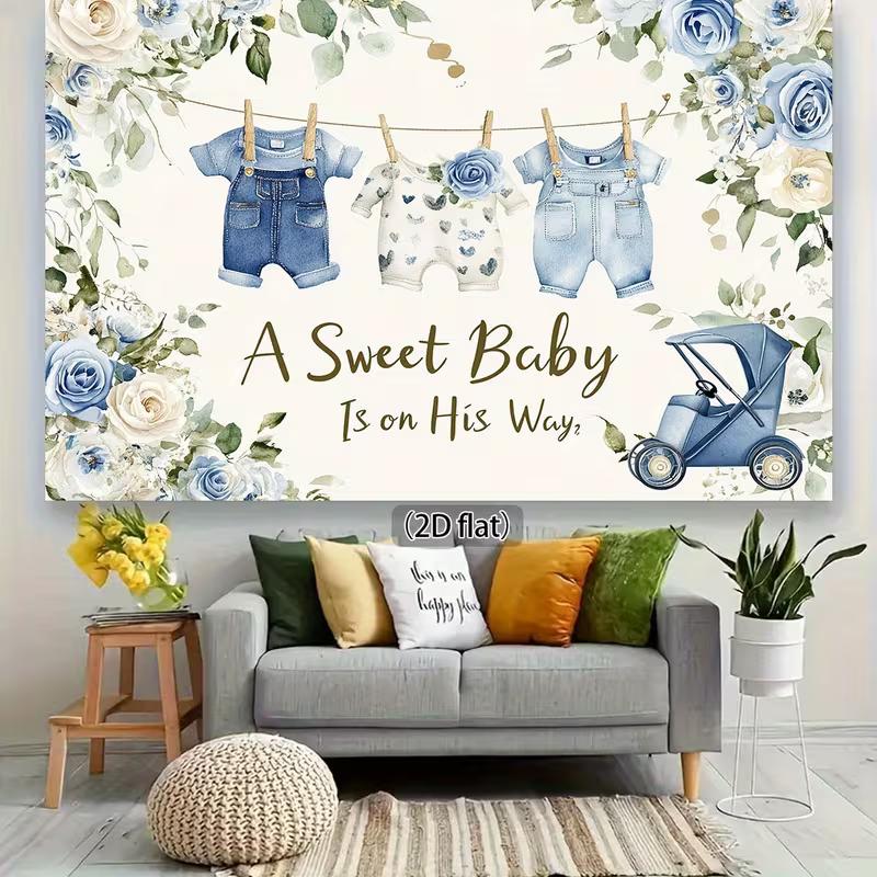 2D Boy Baby Shower Backdrop, Denim Outfits & Blue Roses Background for Photoshoot