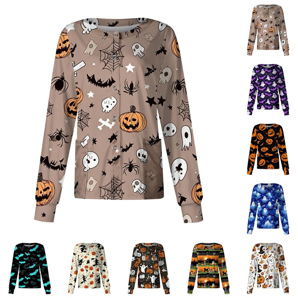 Women's Halloween Print Long Sleeve Cardigan - Single-Breasted Button Front Casual Top for Fall Parties and Everyday Wear