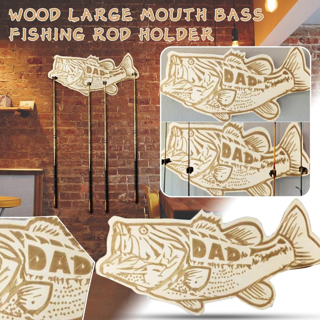 Wooden Bass Fish Shaped Fishing Rod Holder Wall Mount Rack with Multiple Slots for Organizing Fishing Rods and Gear