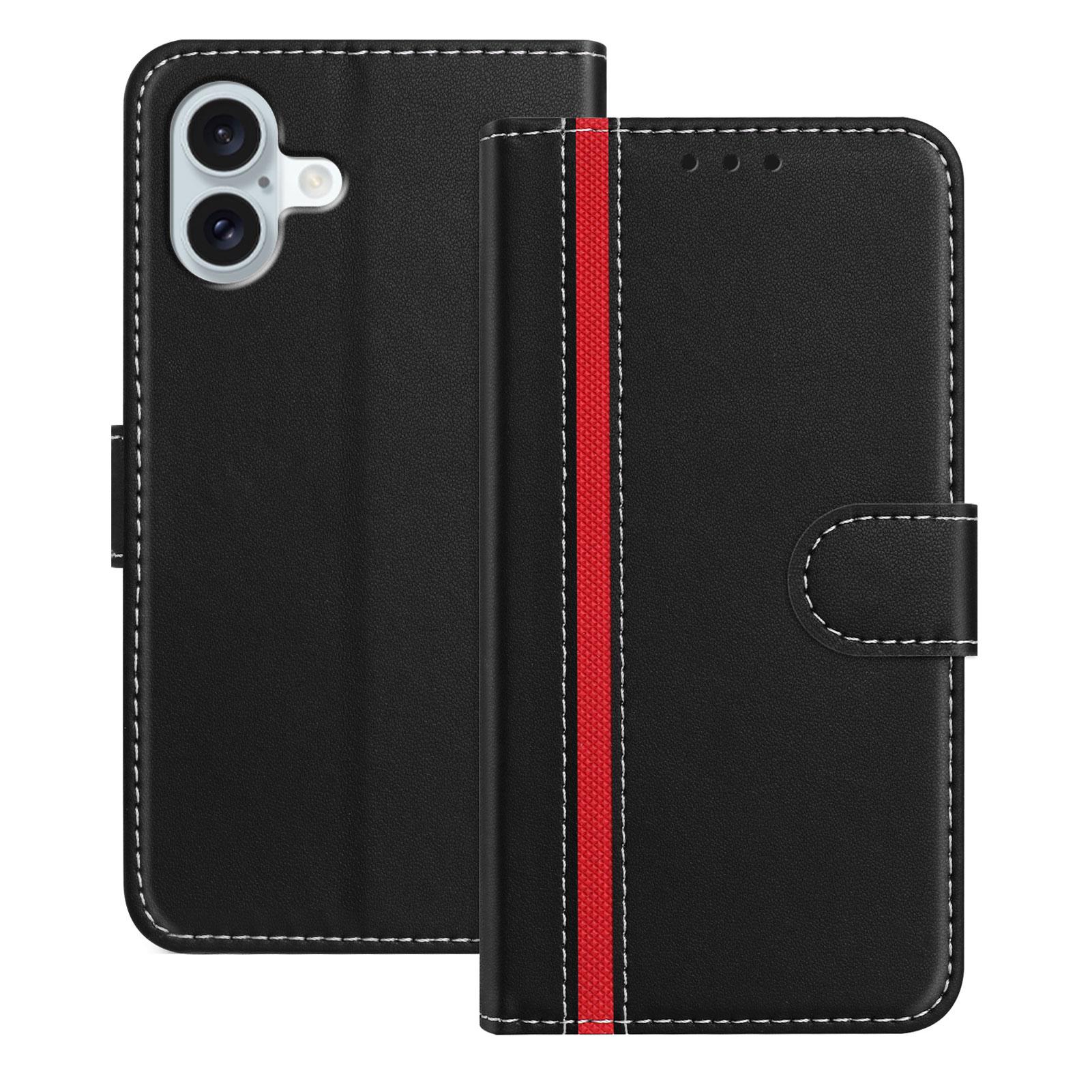 

For iPhone 16 Plus Phone Cases Wallet Stand Color Splicing Leather Cover with Magnetic Clasp Black