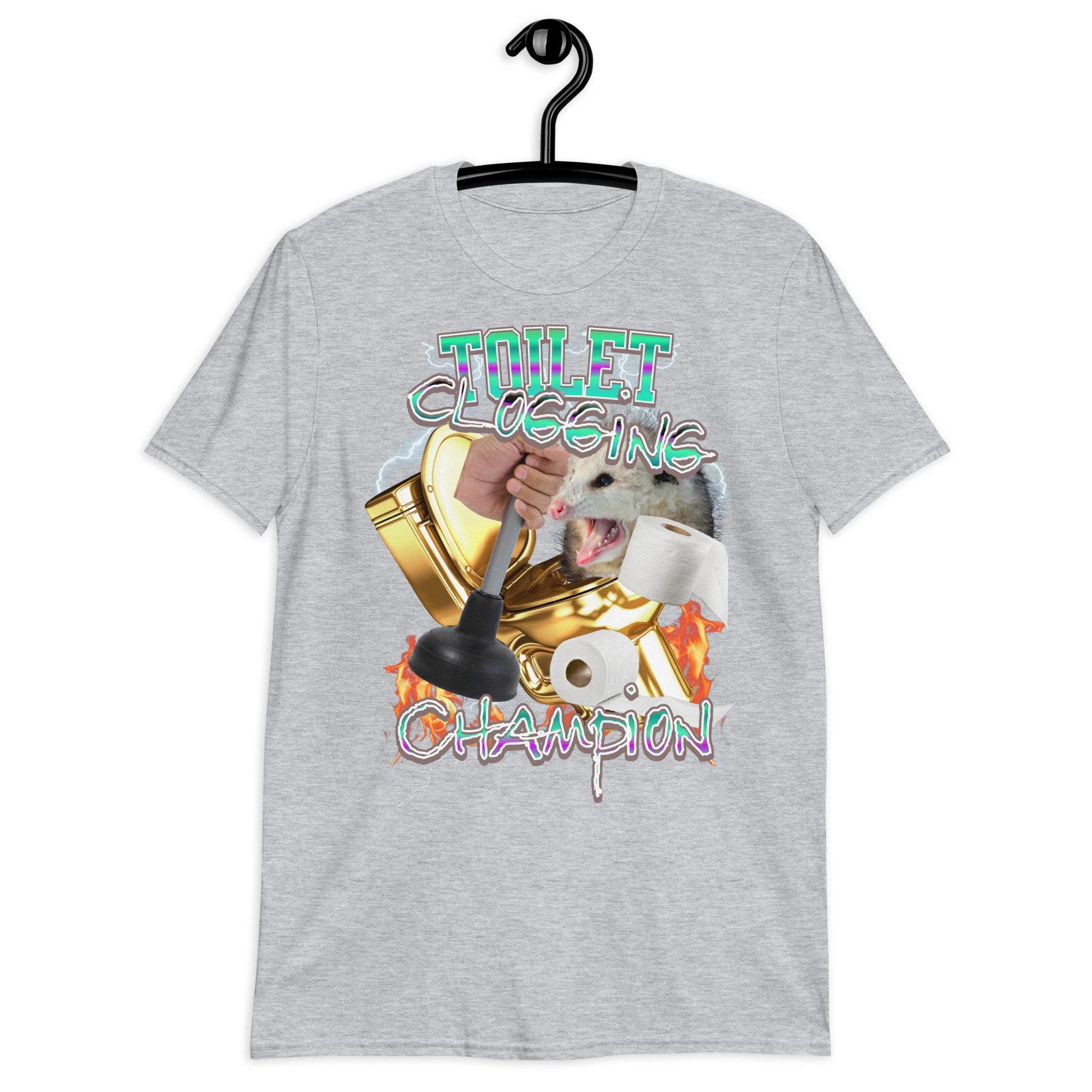 

Toilet Clogging Champion Tshirt Funny Meme Graphic Tee Summer Mens and Womens Loose and Breathable Tshirt 4XL